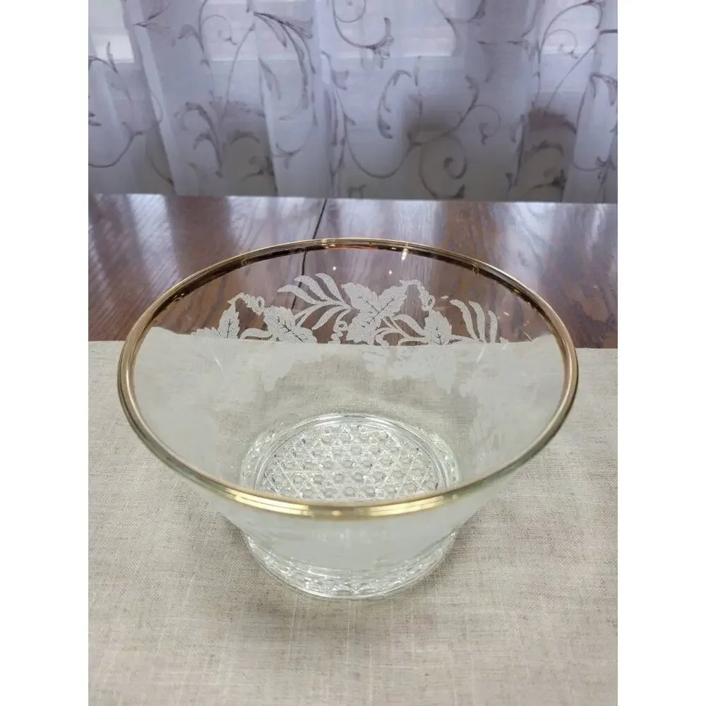 Vintage Glass Ice Bowl Bucket , Grapevine Etched, Gold Trim, Serving Dish